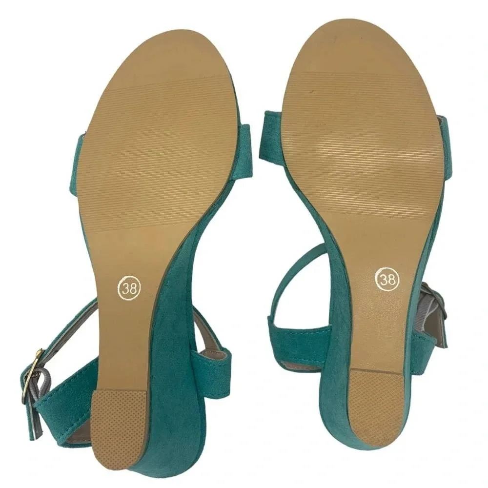 Unbranded Teal Faux Suede Low Wedge Ankle Strap Sandals Size 38 Turquoise